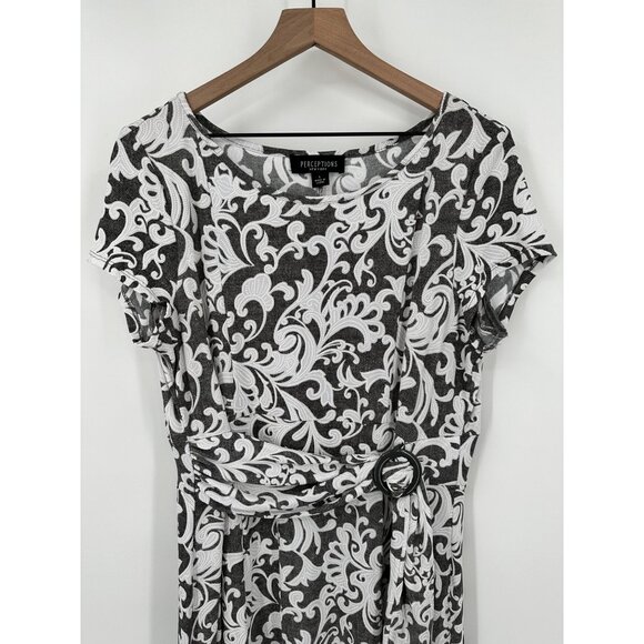 Perceptions Dress Short Sleeve Scroll Puff Print Midi Fit Flare Women Large Gray - Picture 2 of 10
